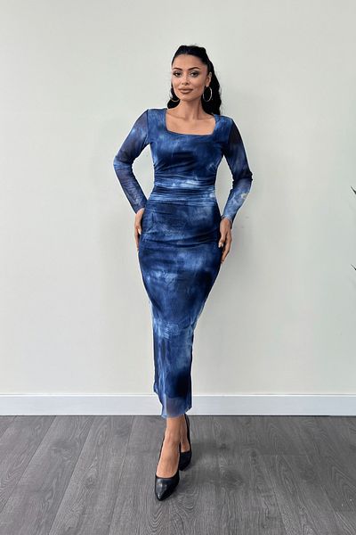 giyimmasalı Saks Blue Pencil Dress - Tulle Fabric and Gather Detailed