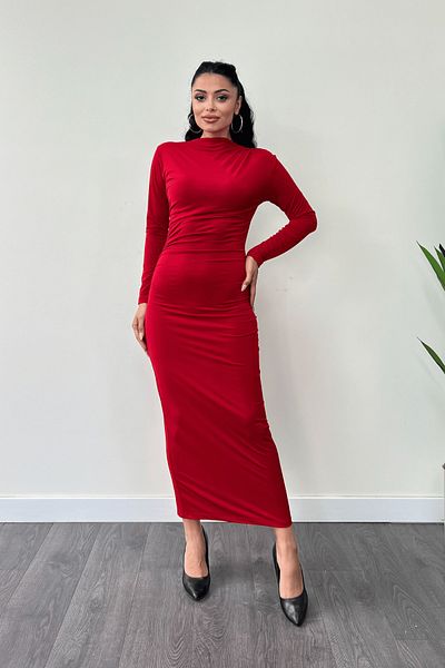 giyimmasalı Red Jersey Fabric Gathered Pencil Dress