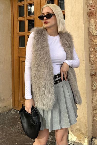 Madmext Fusta gri plisată cu două curele pentru femei MG2246