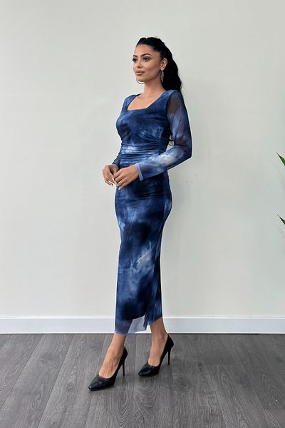 giyimmasalı Saks Blue Pencil Dress - Tulle Fabric and Gather Detailed
