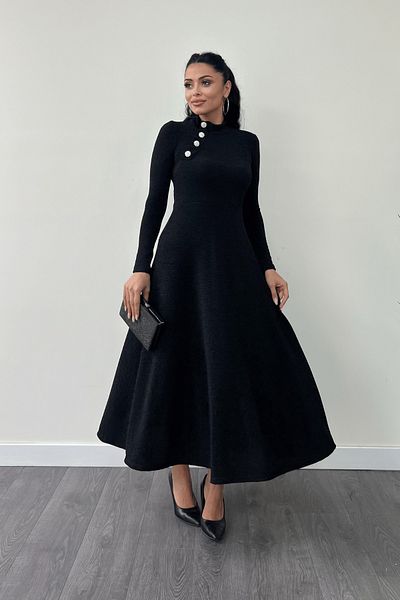 giyimmasalı Shimmering Crepe Fabric Button Detailed Midi Dress - Black