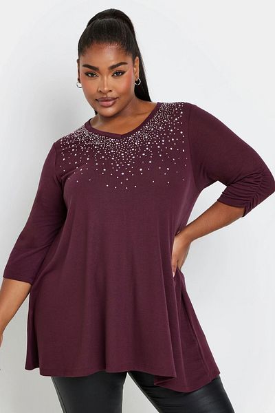Stil Diva Plus Size V-Neck Jewelled Embroidered Sleeve Gathered Blouse 322227
