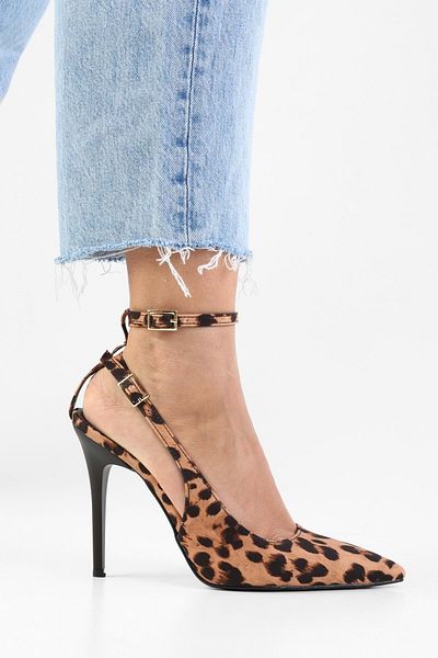 Shoeberry Damen Mila Leopard Satin Gürtel Knöchelriemen Stiletto