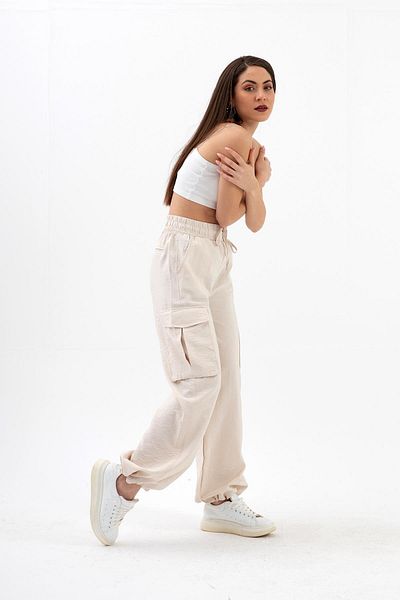 VAPUR TEKSTİL High Waist and Elastic Leg Parachute Fabric Trousers - Stone