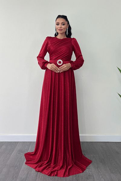 giyimmasalı Red Glittery Tulle Evening Dress - Gather Detailed