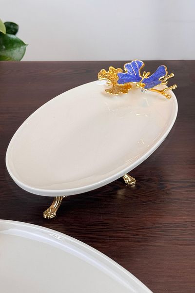 MAY HOME Blue Butterfly 2-Piece Oval Presentation Stud Plate & Gold Footed Boat Plate