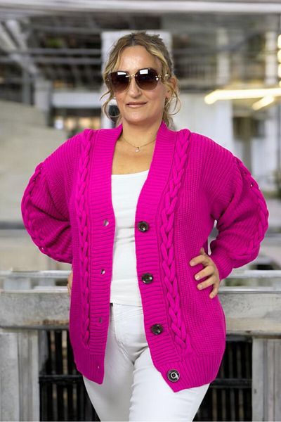 yagmurberen Hair Knit Patterned Thessaloniki Knit Front Buttoned V-Neck Large Size Knitwear Cardigan
