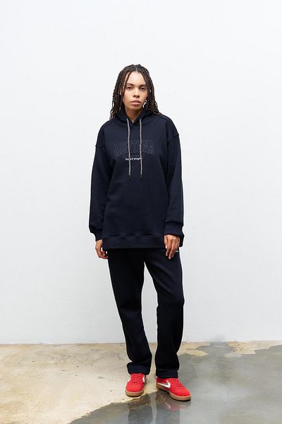 Basicpark Navy Blue Fleece Inside Lower Top Embroidery Embroidered Hooded Oversize Ribbed Set