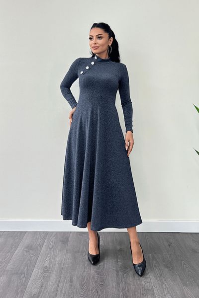 giyimmasalı Shimmering Crepe Fabric Button Detailed Midi Dress - Dark Blue