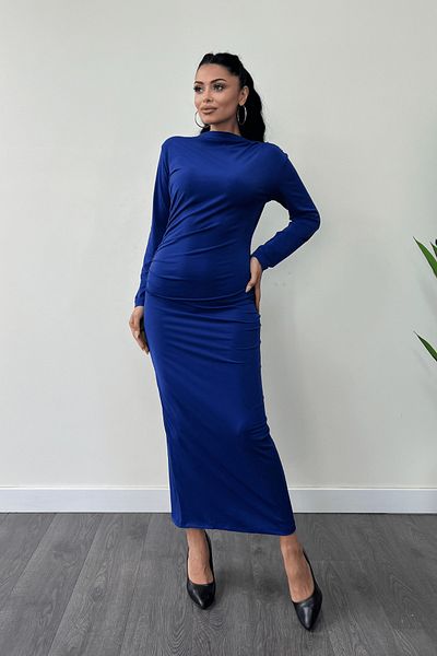 giyimmasalı Saks Blue Jersey Fabric Gathered Pencil Dress