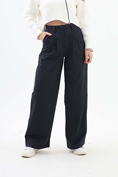VAPUR TEKSTİL Pleat Detailed Striped Polyviscose Trousers - Navy Blue