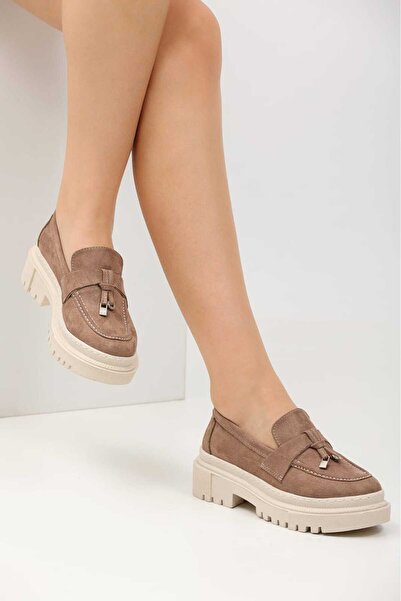 Loafers Pantofi casual Loafer de damă din piele intoarsa maro inchis cu catarama