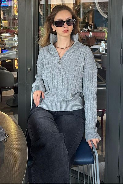 Madmext Gray Stand Collar Zipper Detailed Knitted Sweater Mg2229