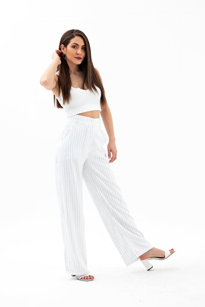 VAPUR TEKSTİL High Waist Striped Palazzo Trousers - Ecru