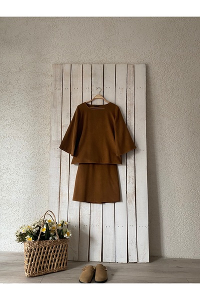 KÜÇÜĞÜM BUTİK Σετ μπλούζα-φούστα Camel Short Stamp (BLUZ-SILVER)