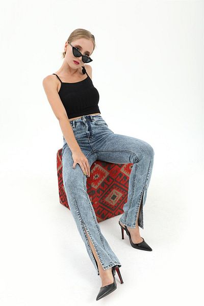 VAPUR Pantaloni din denim din lycra cu talie înaltă - cu fantă în față, albastru