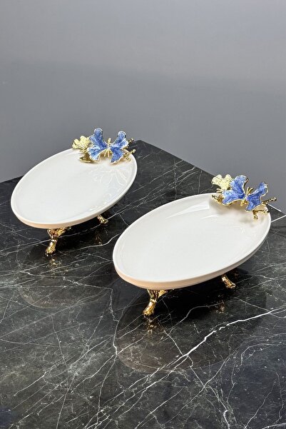 MAY HOME Blue Butterfly 2'Li Oval Sunumluk Mezelik Tabak & Gold Ayaklı Kayık Tabak