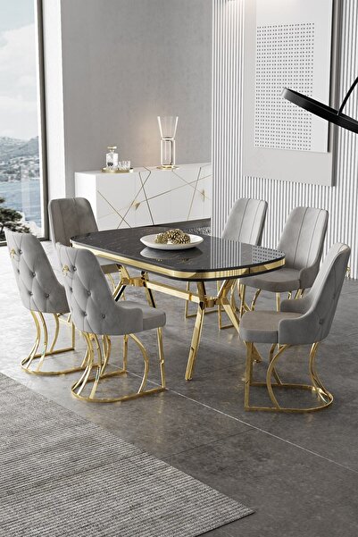 Canisa Epal Serisi 90x168 Lak Panel Siyah Mermer Desen Masa Takımı Gold Ayaklı 6 Gri Sandalye