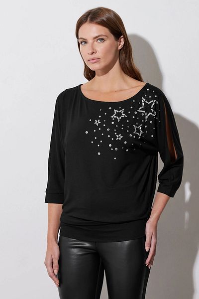 Stil Diva Φαρδιά λαιμόκοψη με μισό μανίκι Star Stone κεντημένη μπλούζα με ελαστική μέση 110695