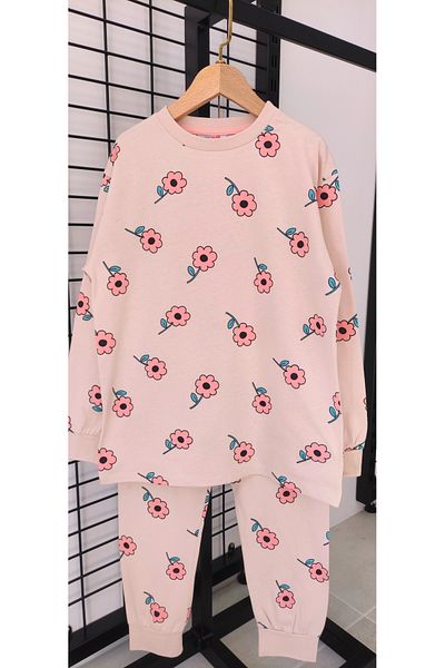 Irmak kids Girl's Pink Flower Patterned 100% Cotton Pajama Set