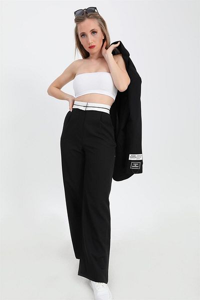 VAPUR TEKSTİL Black Atlas Fabric Palazzo Garni Belted Trousers