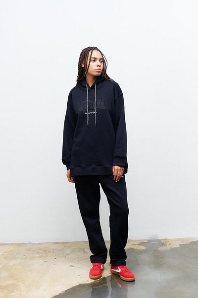 Basicpark Navy Blue Fleece Inside Lower Top Embroidery Embroidered Hooded Oversize Ribbed Set