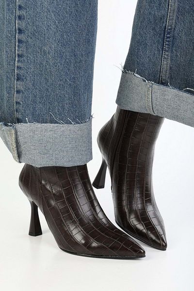 Shoeberry Women's Zian Brown Crocodile Patterned Heeled Boots