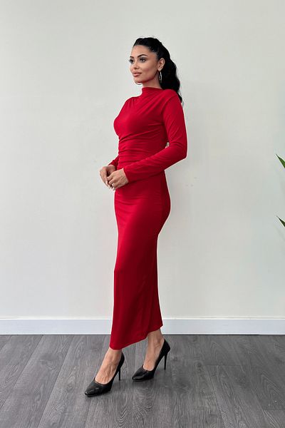 giyimmasalı Red Jersey Fabric Gathered Pencil Dress