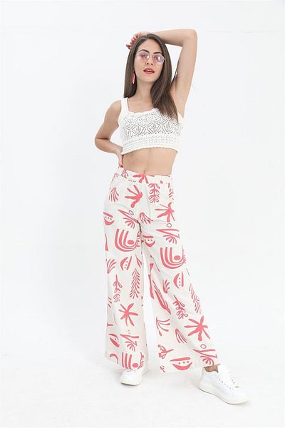 VAPUR Powder Colored Printed Linen Wide Leg Trousers