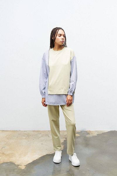 Basicpark Open Khaki Women's Top Woven Stone Stripe Detailed Cotton Knitted Bottom Top Set