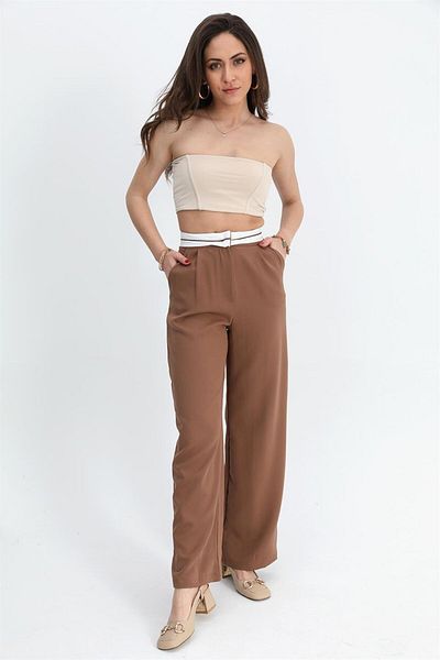 VAPUR TEKSTİL Tan Atlas Fabric Palazzo Trousers with Garni and Belt