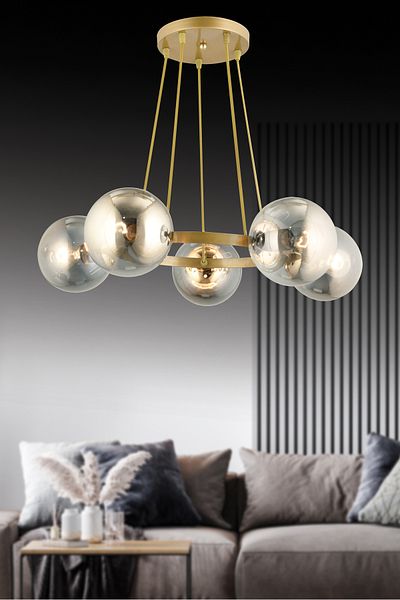 SONSUZ AYDINLATMA&AVİZE Infinite Antique 5-Piece Ring Smoked Globe Glass Modern Chandelier