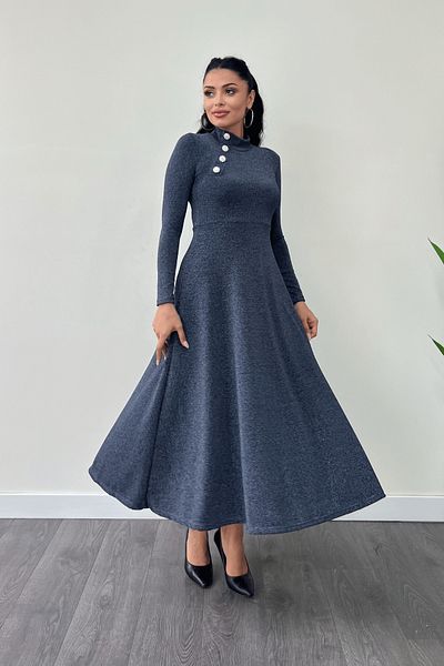 giyimmasalı Shimmering Crepe Fabric Button Detailed Midi Dress - Dark Blue