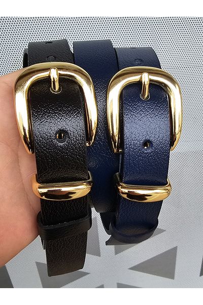 Kemerix 100% Genuine Leather Black-Navy Blue Women's Belt Set of 2