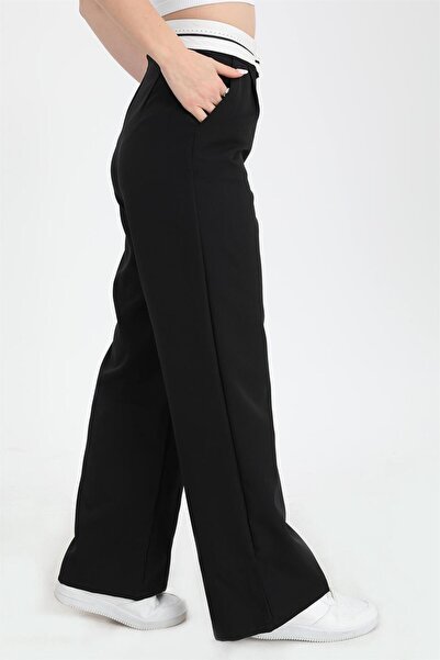VAPUR TEKSTİL Black Atlas Fabric Palazzo Garni Belted Trousers