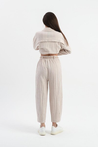 VAPUR TEKSTİL High Waist Linen Baggy Trousers - with Straw Belt and Pockets, Beige