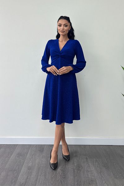 giyimmasalı Shimmering Crepe Fabric Midi Dress with Twist Detail - Saks Blue