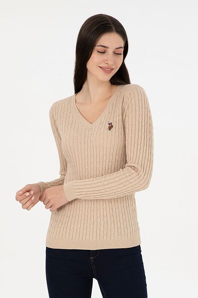 U.S. Polo Assn. Pulover de bază cu decolteu în V Melange de nisip pentru femei 50288992 -vr123