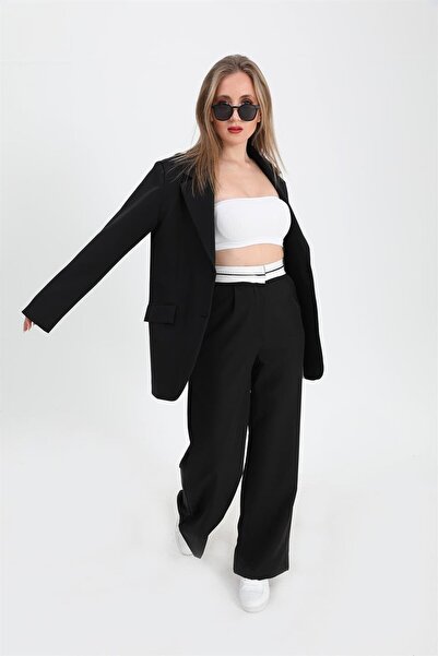 VAPUR TEKSTİL Black Atlas Fabric Palazzo Garni Belted Trousers