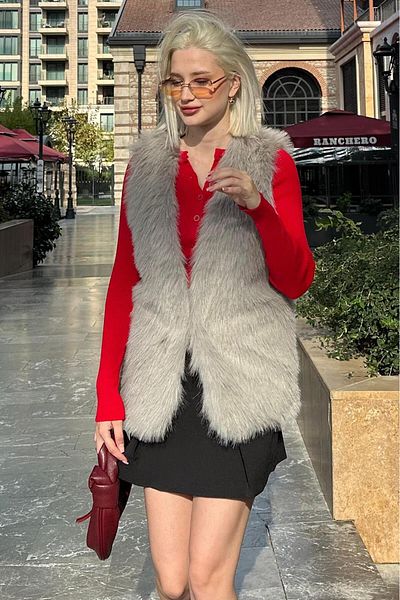 Madmext Painted Gray Soft Texture Lined Women's Vest Mg2238