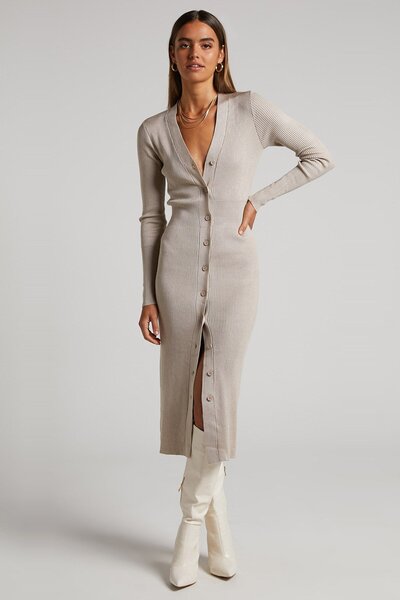 Madmext Stone Color Buttoned V-Neck Long Knitwear Dress Mg1703