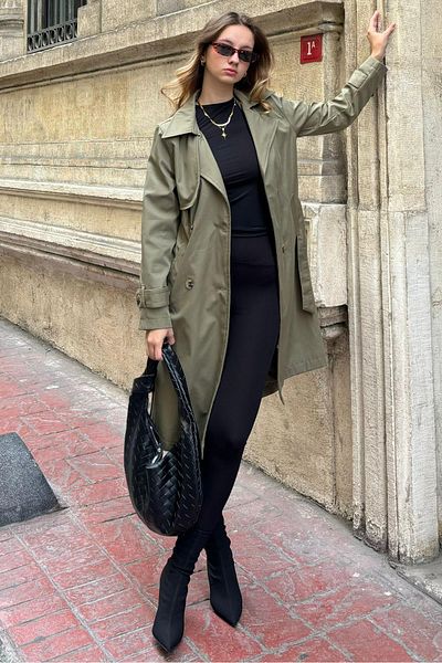 Madmext Khaki Double-Breasted Collar Draped Women's Trench Coat Mg2244