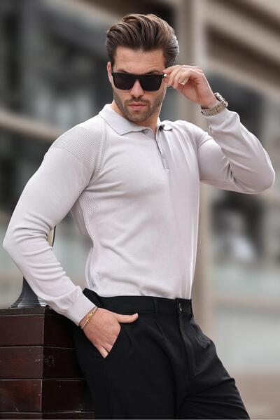 Madmext Gri Polo Yaka Dokulu Uzun Kollu Kazak E7264