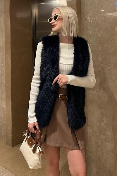 Madmext Navy Blue Soft Texture Lined Women's Vest Mg2238
