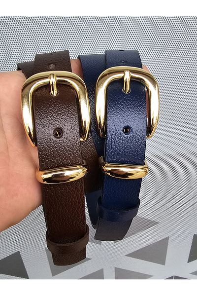 Kemerix 100% Genuine Leather Bitter Brown-Navy Blue Women's Belt Set of 2