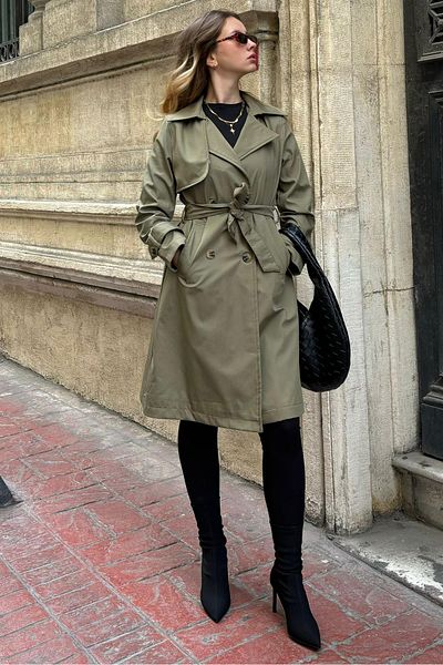 Madmext Khaki Double-Breasted Collar Draped Women's Trench Coat Mg2244