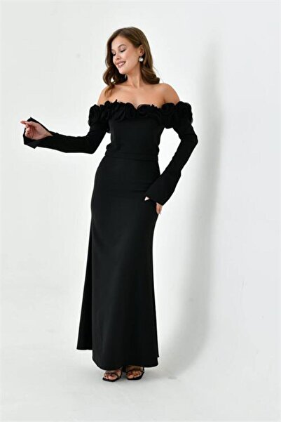 Dipmoda Dipmoda Γυναικείο Ροζ Λεπτομερές Μακρύ Βραδινό Φόρεμα με Γιακά Madonn...