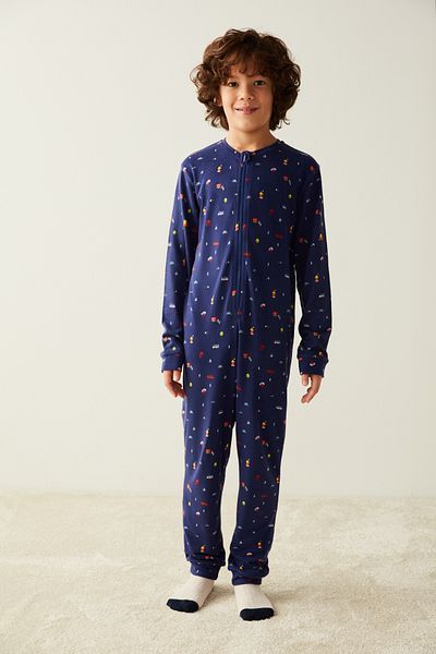 Penti Navy Blue Boy's Home Patterned Thermal Jumpsuit