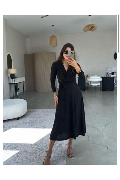 Viyamo Rochie lungă din crep, cu mânecă lungă, cu guler dublu, cu centură în talie