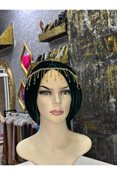 zagreus Kadın zümrüt yeşili büzgülü taşlı bone